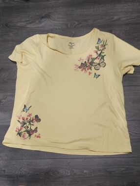 Woman Within Pale Yellow Butterfly & Floral Scoop Neck Tee